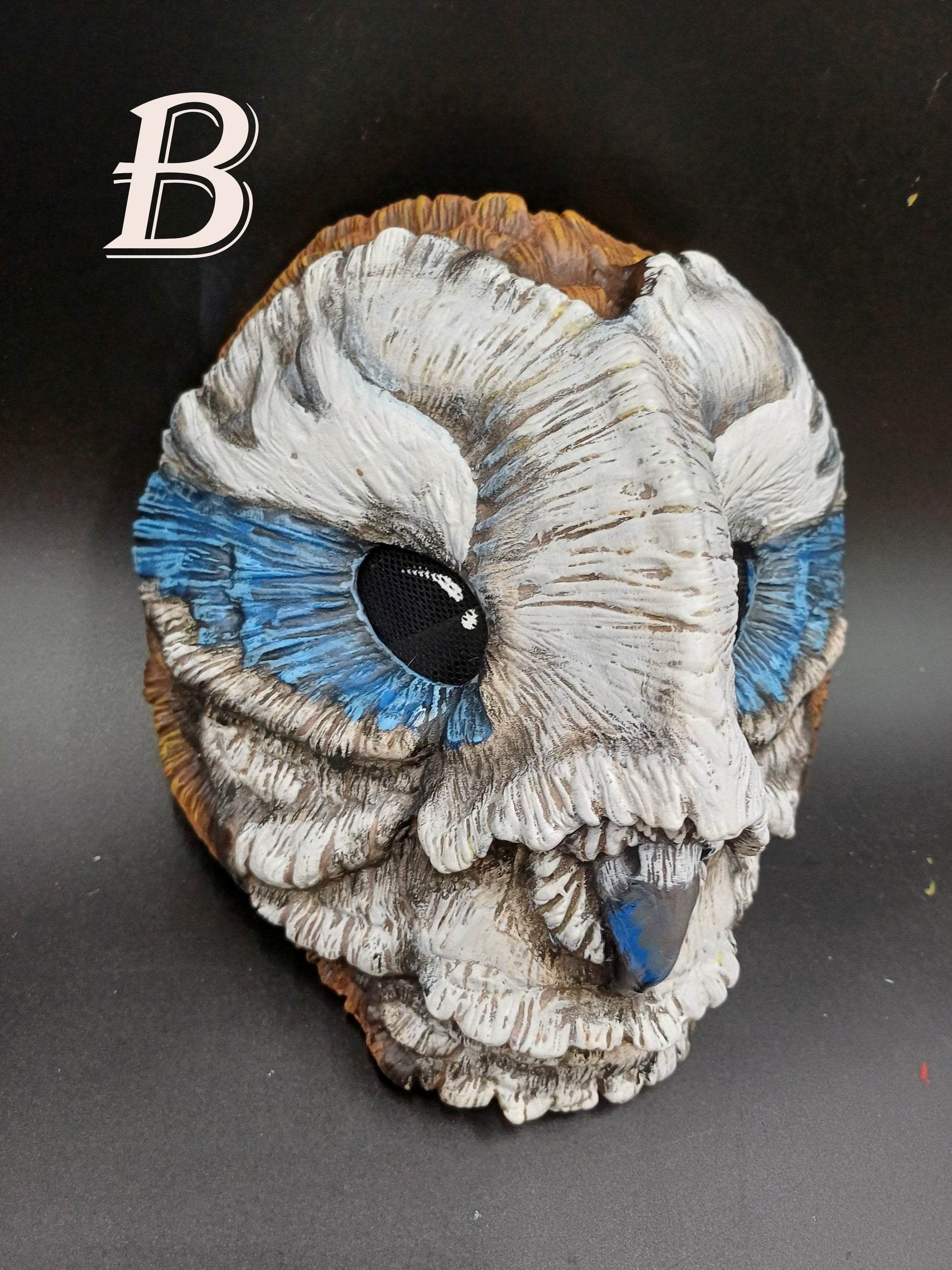 Grey Blue Barn owl mask made in resin is handpainted mask perfect for Larp, wiccan and cosplay costumes version b2