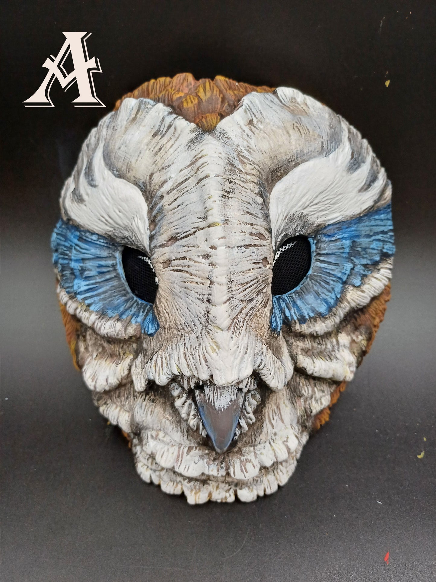 Grey Blue Barn owl mask made in resin is handpainted mask perfect for Larp, wiccan and cosplay costumes version a1