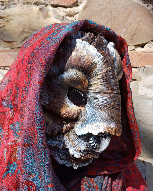 Close-up of the realistic features of the Brown Barn Owl mask, highlighting the hand-painted artistry