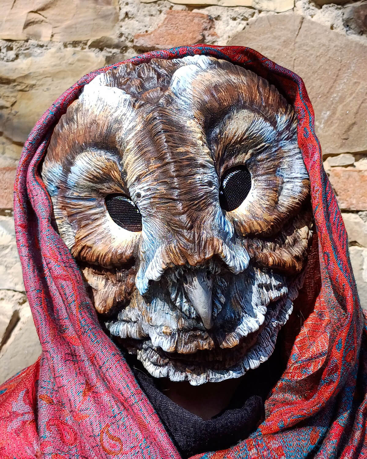 Handcrafted Brown Barn Owl resin mask, showcasing its detailed feather texture and warm, earthy tones