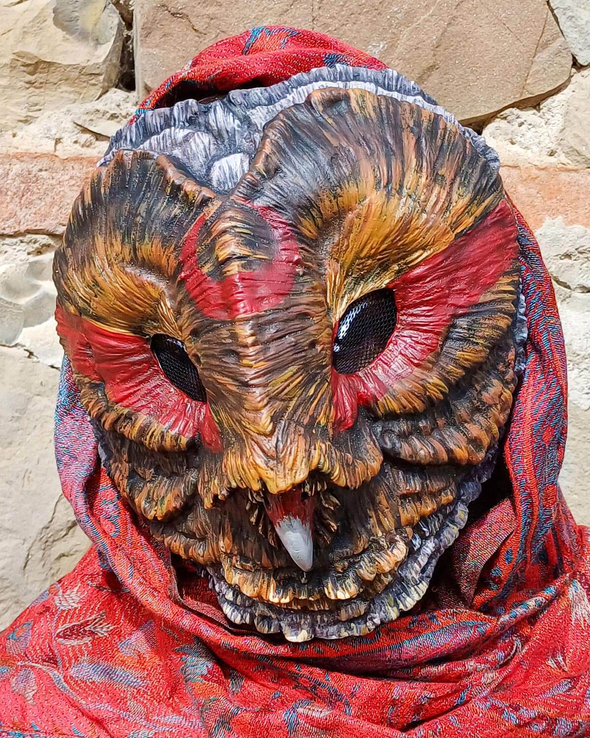 Hand-painted Shaman Barn Owl resin mask, showcasing the intricate feather details and intense expression.