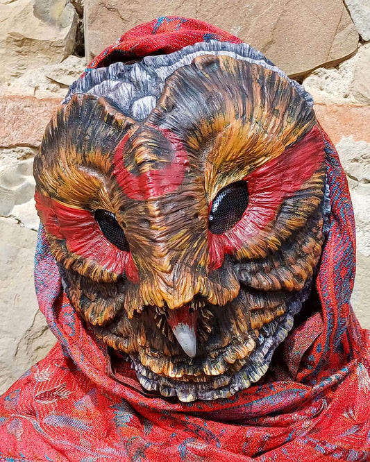 Hand-painted Shaman Barn Owl resin mask, showcasing the intricate feather details and intense expression.