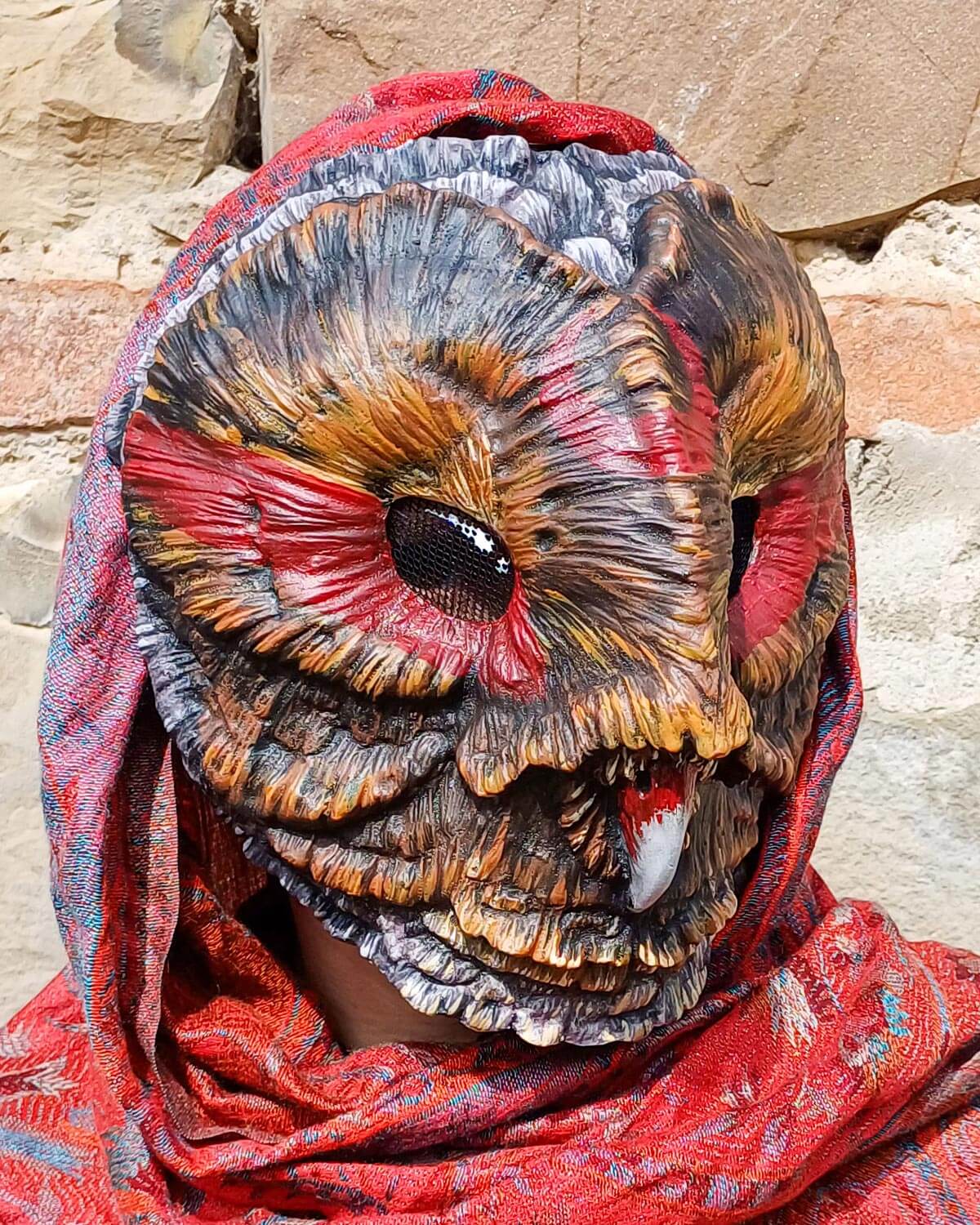 Shaman Barn Owl mask being worn by a cosplayer, illustrating how it completes a mystical or shaman-themed costume