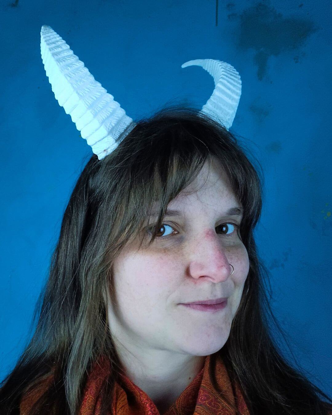 Demon resin horns worn for cosplay – durable, lightweight costume horns for roleplay, Halloween, and LARP events.