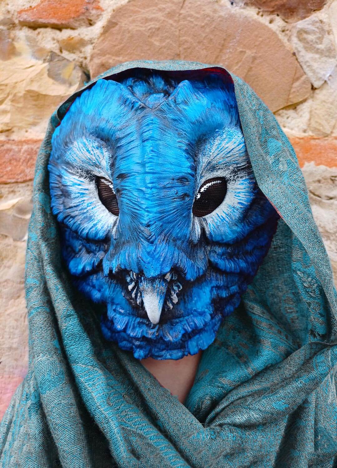 Hand-painted Fatuous Barn Owl resin mask, showcasing the intricate details of the eyes and plumage