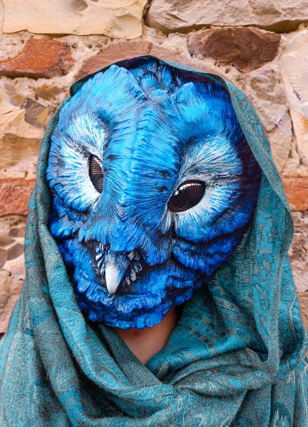 Fatuous Barn Owl mask being worn, illustrating the fit and appearance for cosplay or themed events