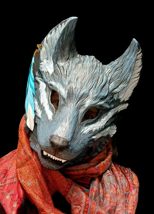 Detailed close-up of the articulated jaw mechanism on the wolf mask, highlighting its realistic movement.