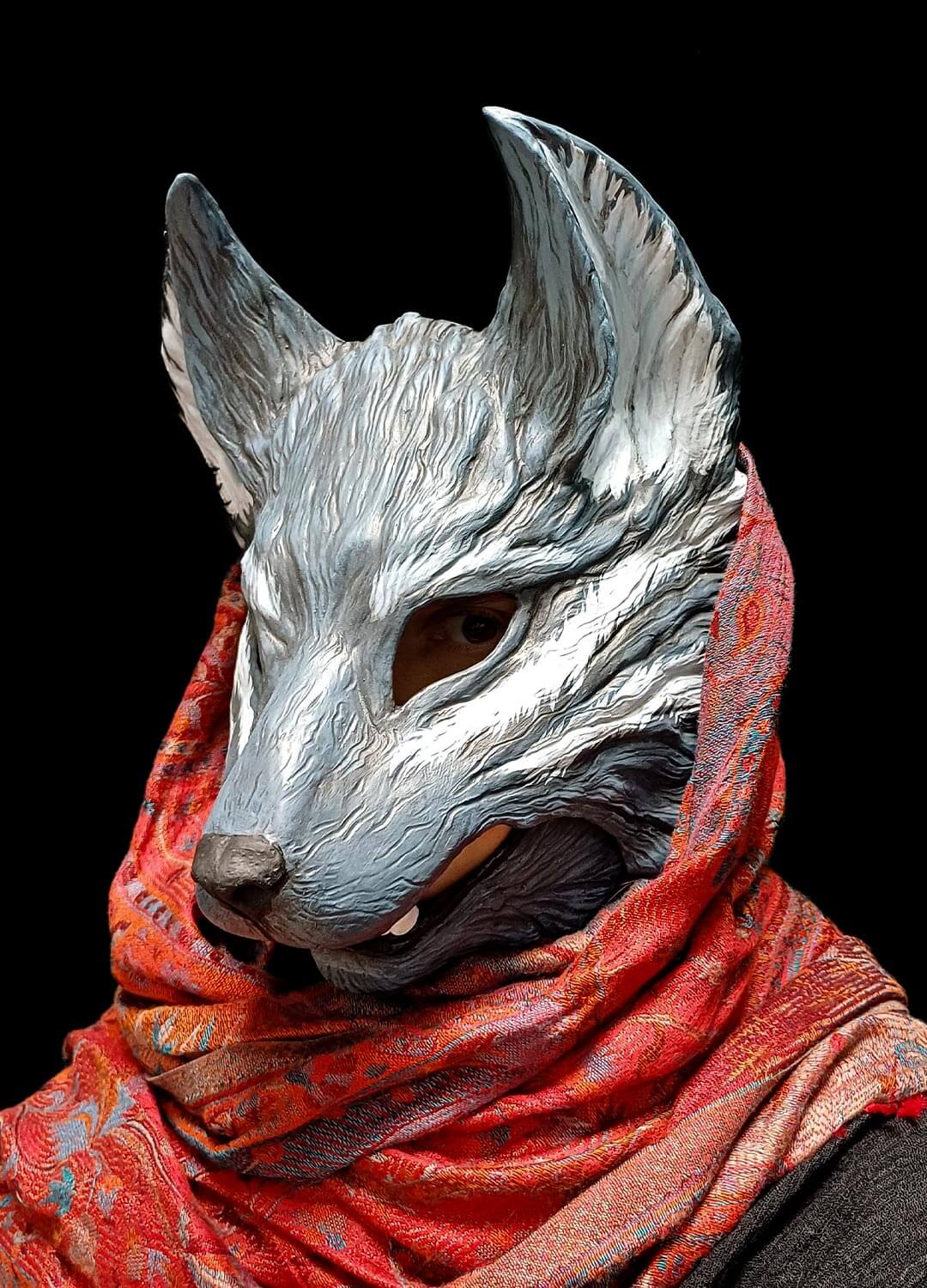 Resin wolf mask with detailed fur texture and a moving jaw.