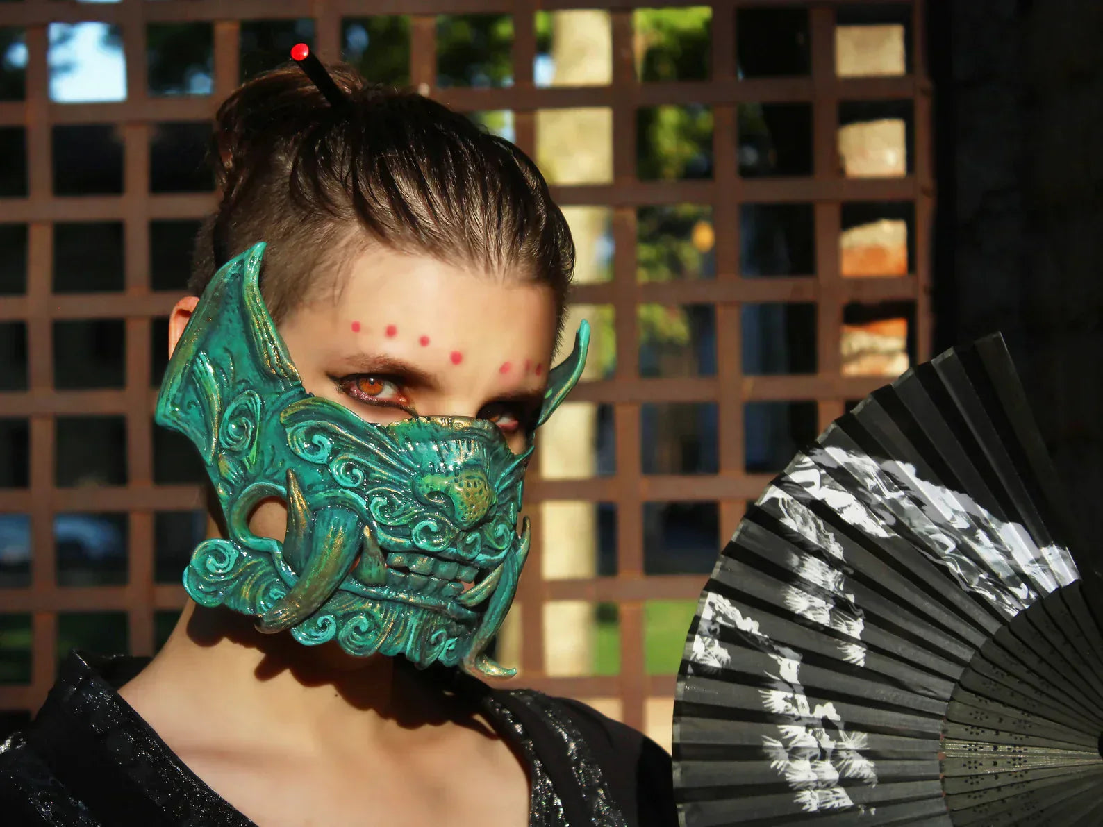 Buy the Half Mask Oni in Oak Foam with green colors inspired by Japanese Oni an alternative to resin mask