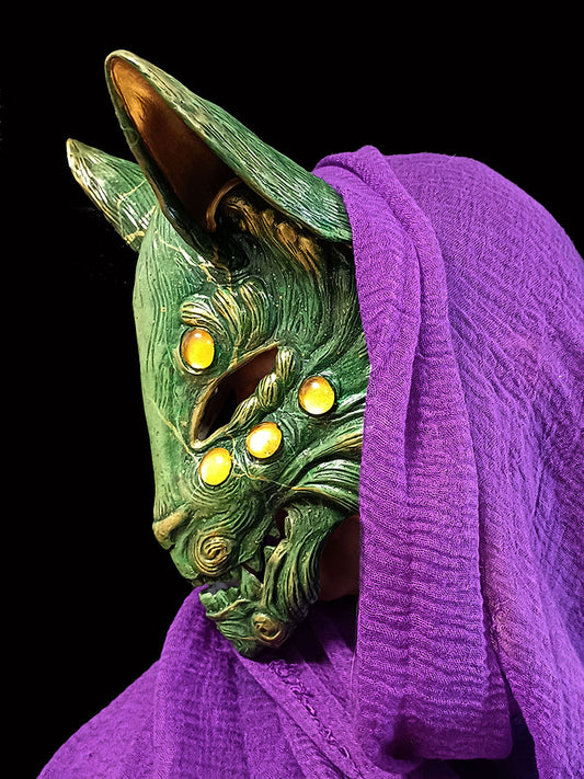 Unique green Kitsune mask for cosplay, LARP, and themed events.
