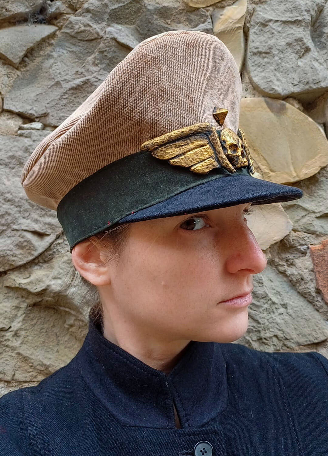 Custom-made Commissar Cap for WH40K LARP, highlighting its unique design.