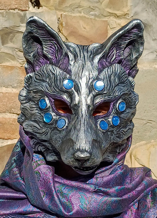 Handcrafted Silver Nogitsune Mask – Japanese Fox Mask for Cosplay & LARP