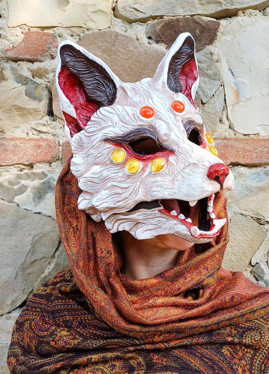 Detailed Huli Jing Fox Mask in white and red with a movable jaw, showcasing its handcrafted resin design
