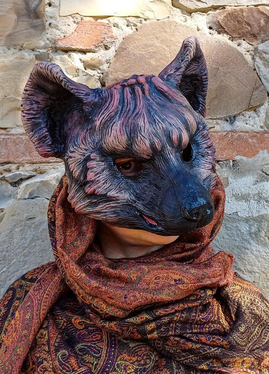 Side view of Hyena mask painted by hand with brown colors , made in resin inspired from african animal and ready for your cosplay costumes, larp costumes and wiccan
