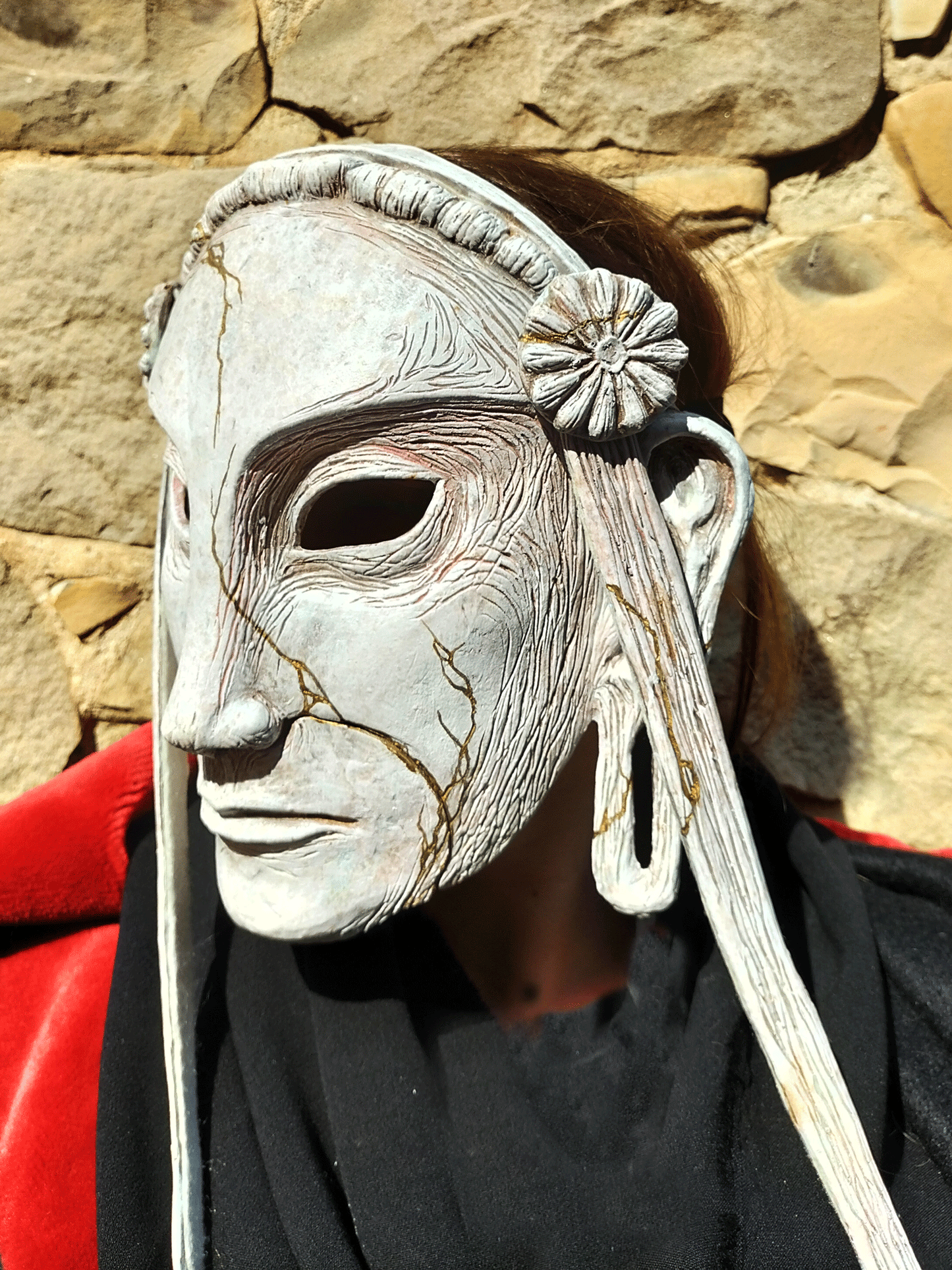 Comfortable Stone Poet mask, adjustable elastics, padded interior, lightweight resin, various versions, suitable for extended wear at LARP and cosplay events.