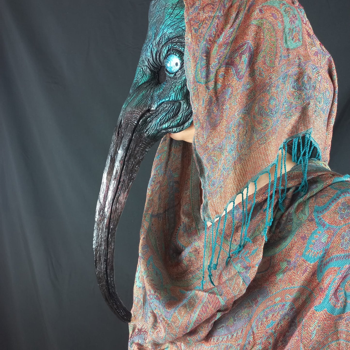 Egyptian mask Thoth mask inspired Sacred Ibis texture with blue eyes side view
