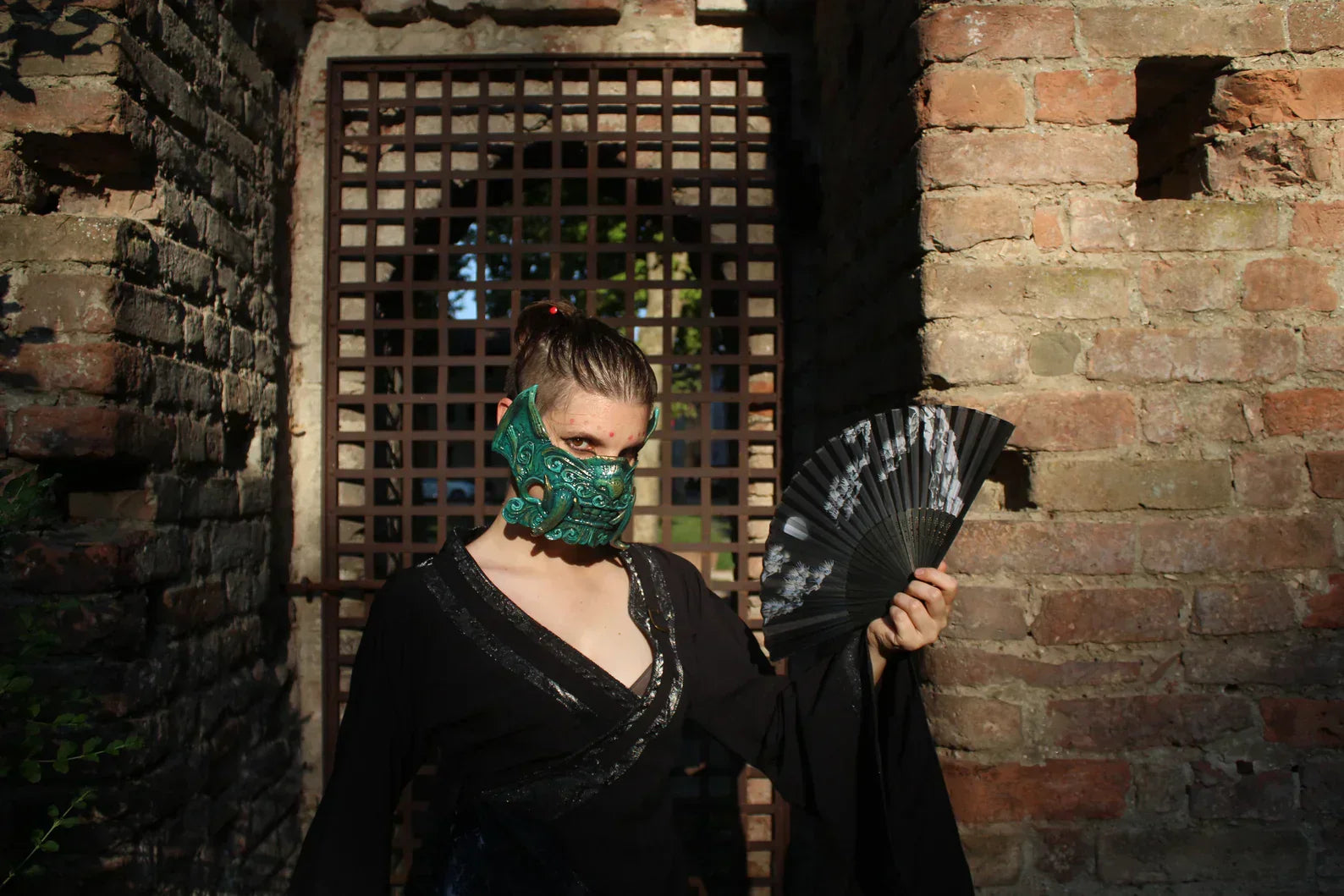 Buy the Half Mask Oni in Oak Foam with green colors inspired by Japanese Oni an alternative to resin mask  for Cosplay costumes, Larp Clothing