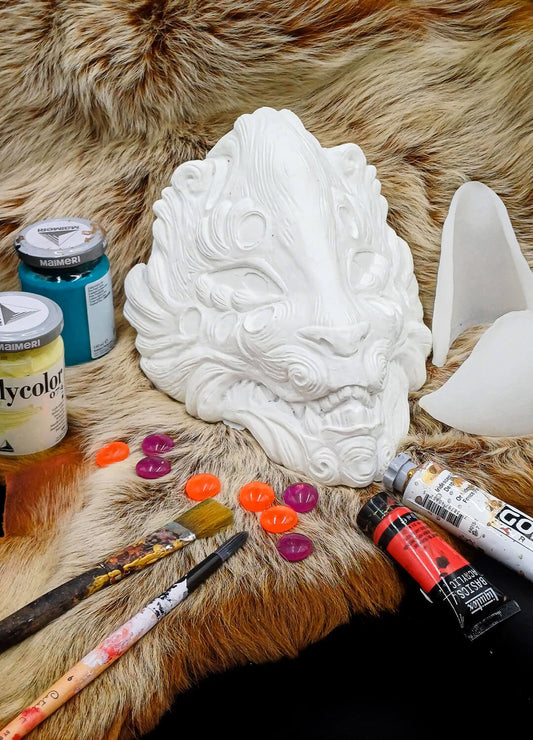 Kitsune Blank Resin Mask side view with with opaque gems and colors