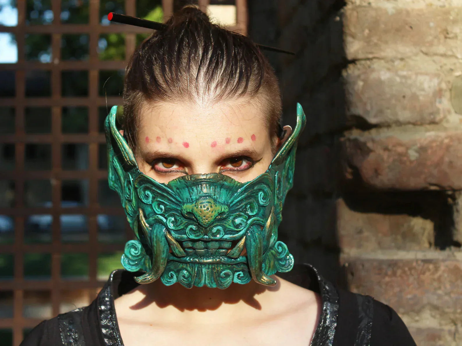 Buy the Half Mask Oni in Oak Foam with green colors inspired by Japanese Oni an alternative to resin mask front view