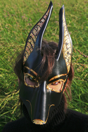 Finished example of a handmade Anubis leather mask, highlighting the intricate details and Egyptian-inspired design.
