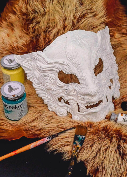 Close-up of the blank oni mask's resin texture, showing details for painting