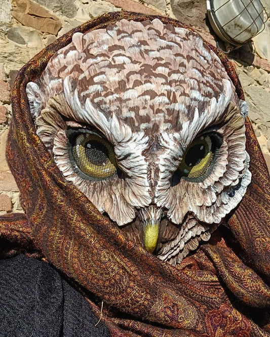 Barn Owl Mask Isolated on Black Background – Handmade resin owl mask for cosplay, LARP, and Wiccan rituals, featuring intricate details and a realistic design.