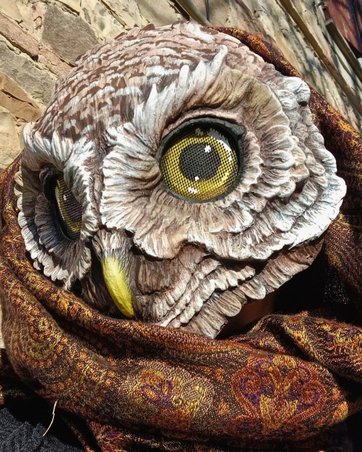 Close-Up of Resin Owl Mask Details – High-quality resin mask with hand-painted textures and eye mesh for clear vision, ideal for collectors and performers.
