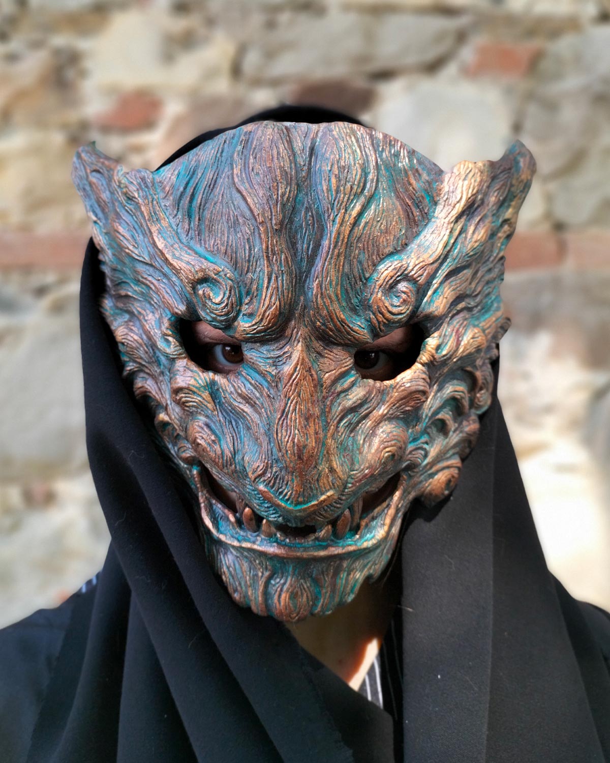 Tiger mask Front view of handcrafted Oni mask with captivating oxidized colors