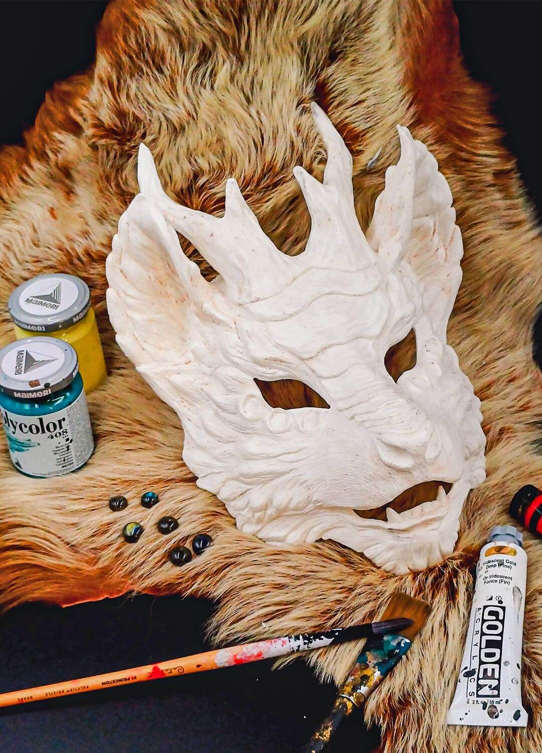 Kirin Qilin mask blank with articulated jaw, showing movable parts for dynamic demon expression
