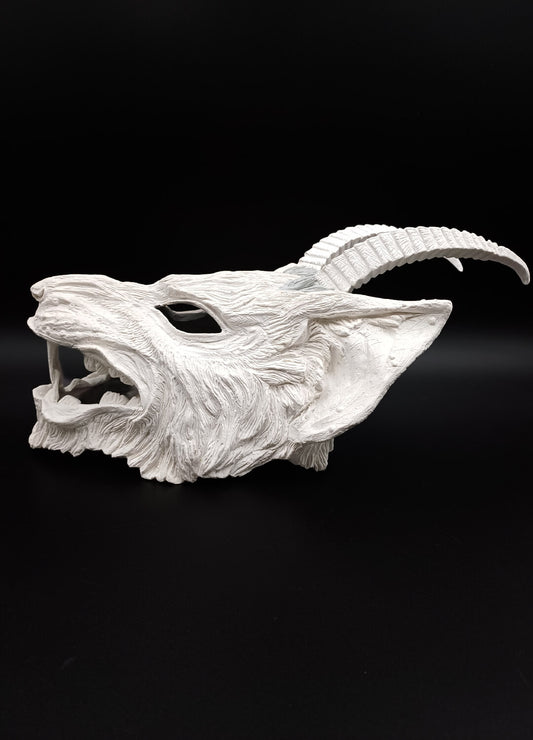 Unpainted blank Horned King of Rats resin mask, front view, ready for DIY customization