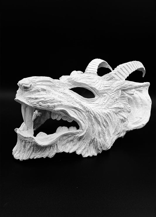 Close-up of the resin texture on the blank Horned King of Rats mask, showing details for painting