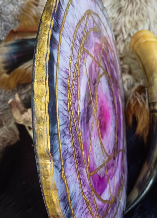 Unique resin and wood ritual board, top-down view, random resin pattern