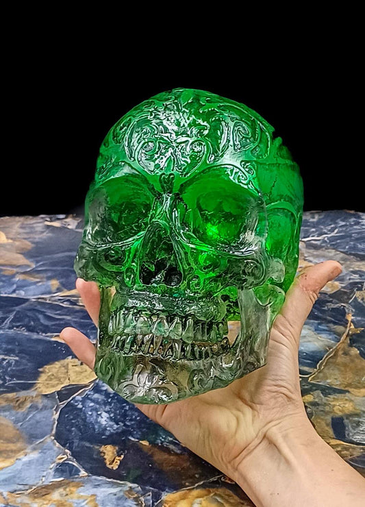 Hand-carved resin skull, close-up of intricate details, black shading
