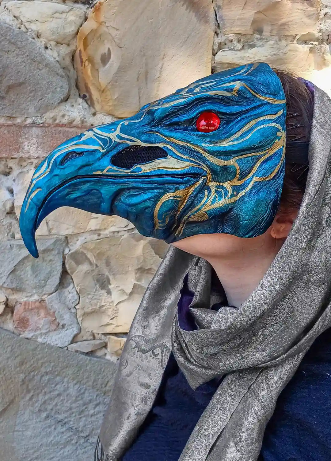 Chimerical dragonfly inspired steampunk mask, hand-painted in blue and gold for collectors and performers