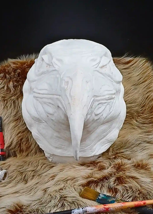 Customizable blank resin mask with mythological Valravn details, ideal for gothic and steampunk cosplay.
