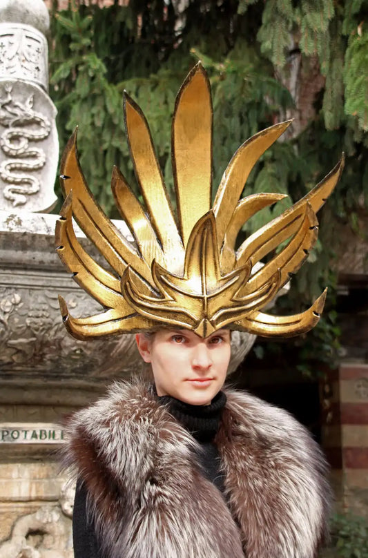 Golden handmade sunburst crown inspired by Luke Steele from Empire of the Sun – perfect for costume parties and stage shows.