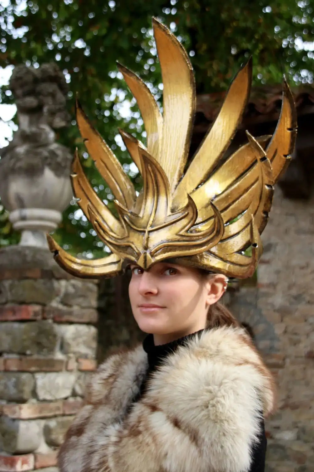 Handmade Empire of the Sun headdress with golden sunburst spikes, inspired by Luke Steele – perfect for festivals, cosplay, and stage performances.