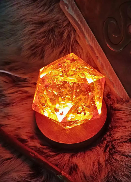 LED resin D20 dice lamp glowing on a table, perfect gift for Dungeons & Dragons fans