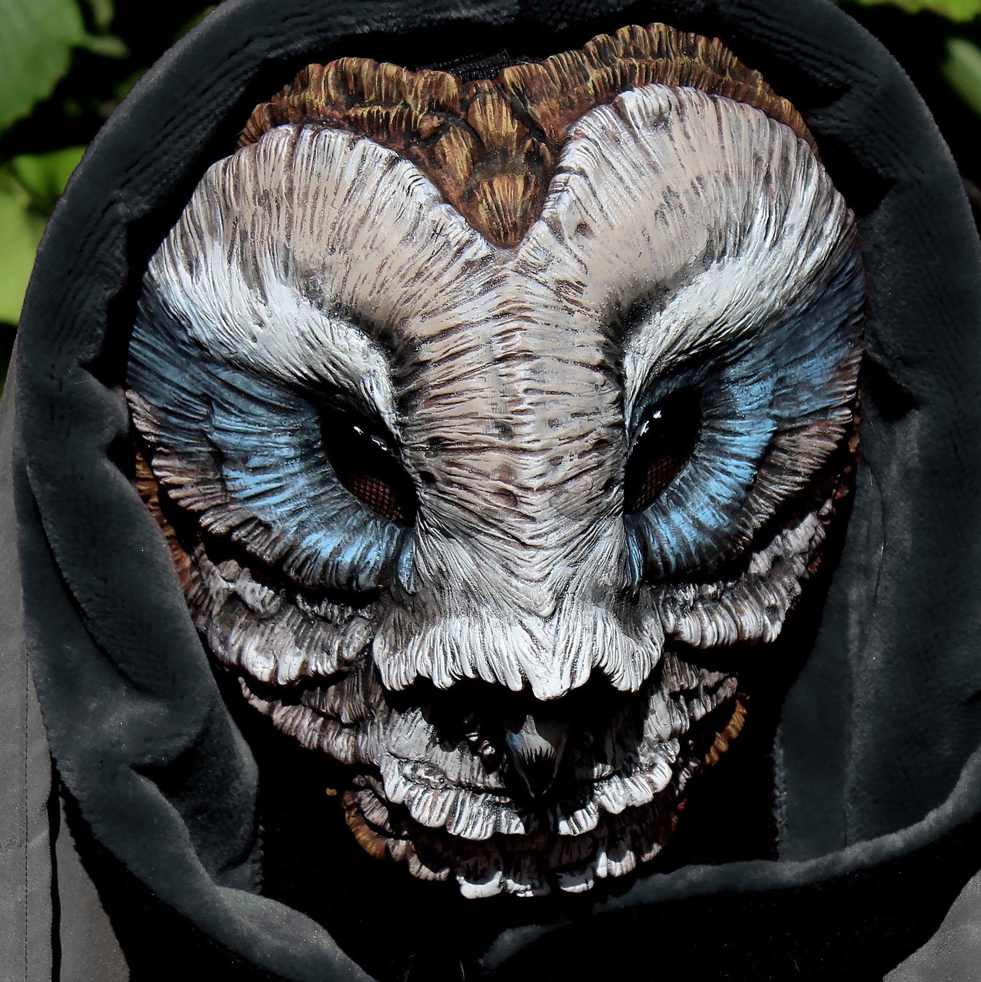 Grey Blue Barn owl mask made in resin perfect for Larp, wiccan and cosplay costumes front view