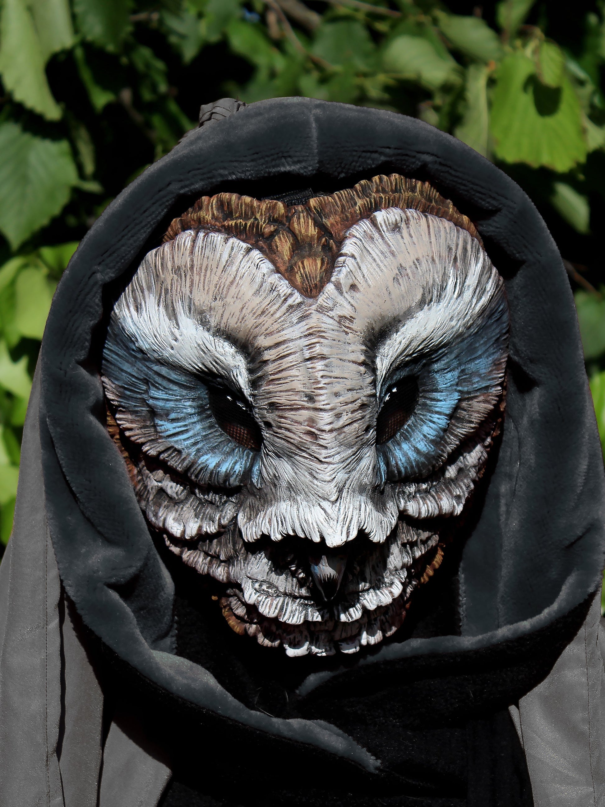 Grey Blue Barn owl mask made in resin is handpainted mask perfect for Larp, wiccan and cosplay costumes