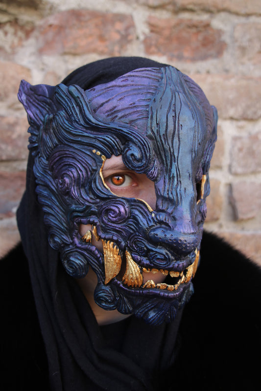 Gold fang Oni mask for cosplay and LARP, demonic design inspired by Cyberpunk 2077 Tyger Claws, crafted from durable resin, comfortable to wear with interior padding
