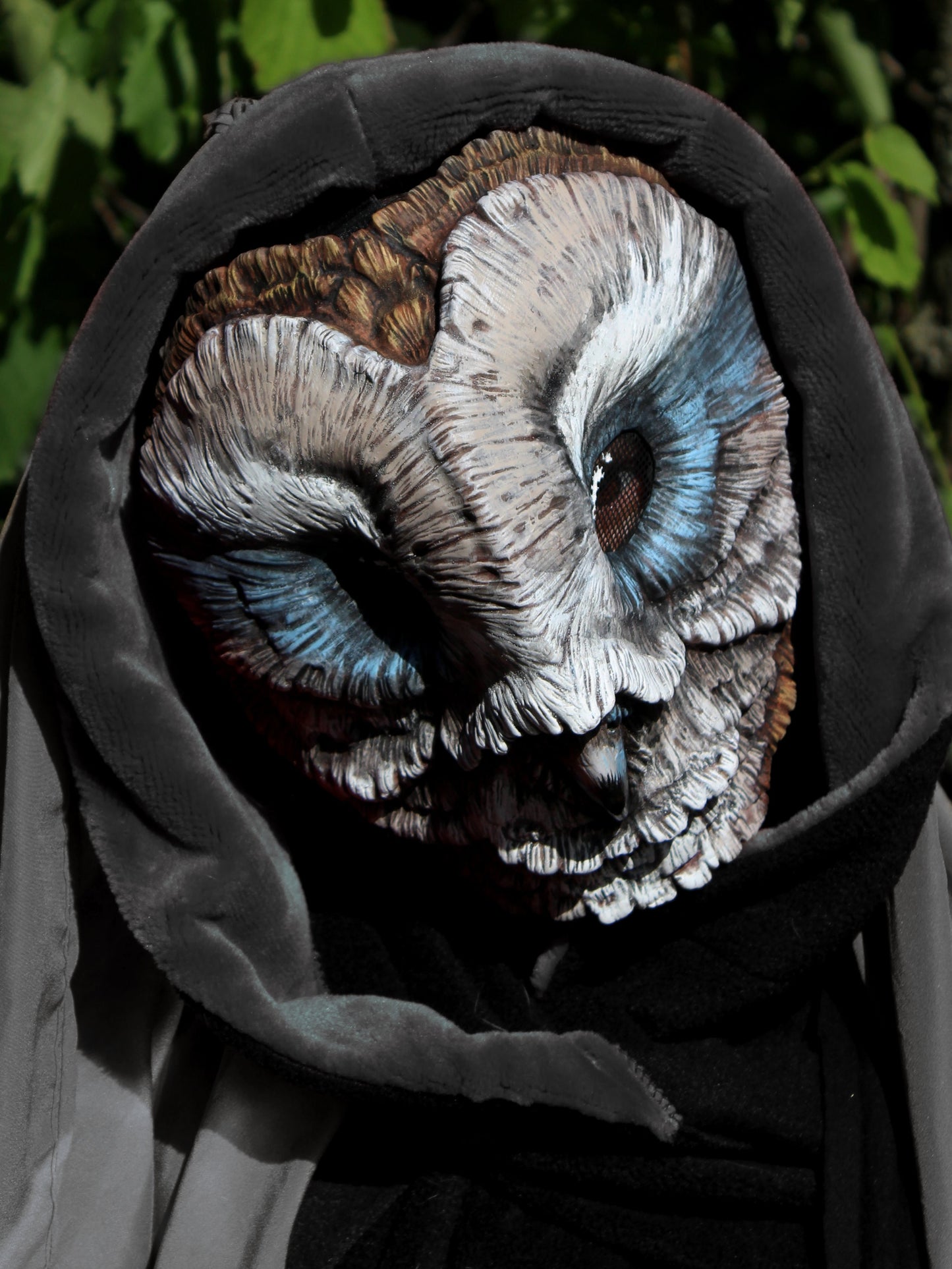 Grey Blue Barn owl mask made in resin perfect for Larp, wiccan and cosplay costumes