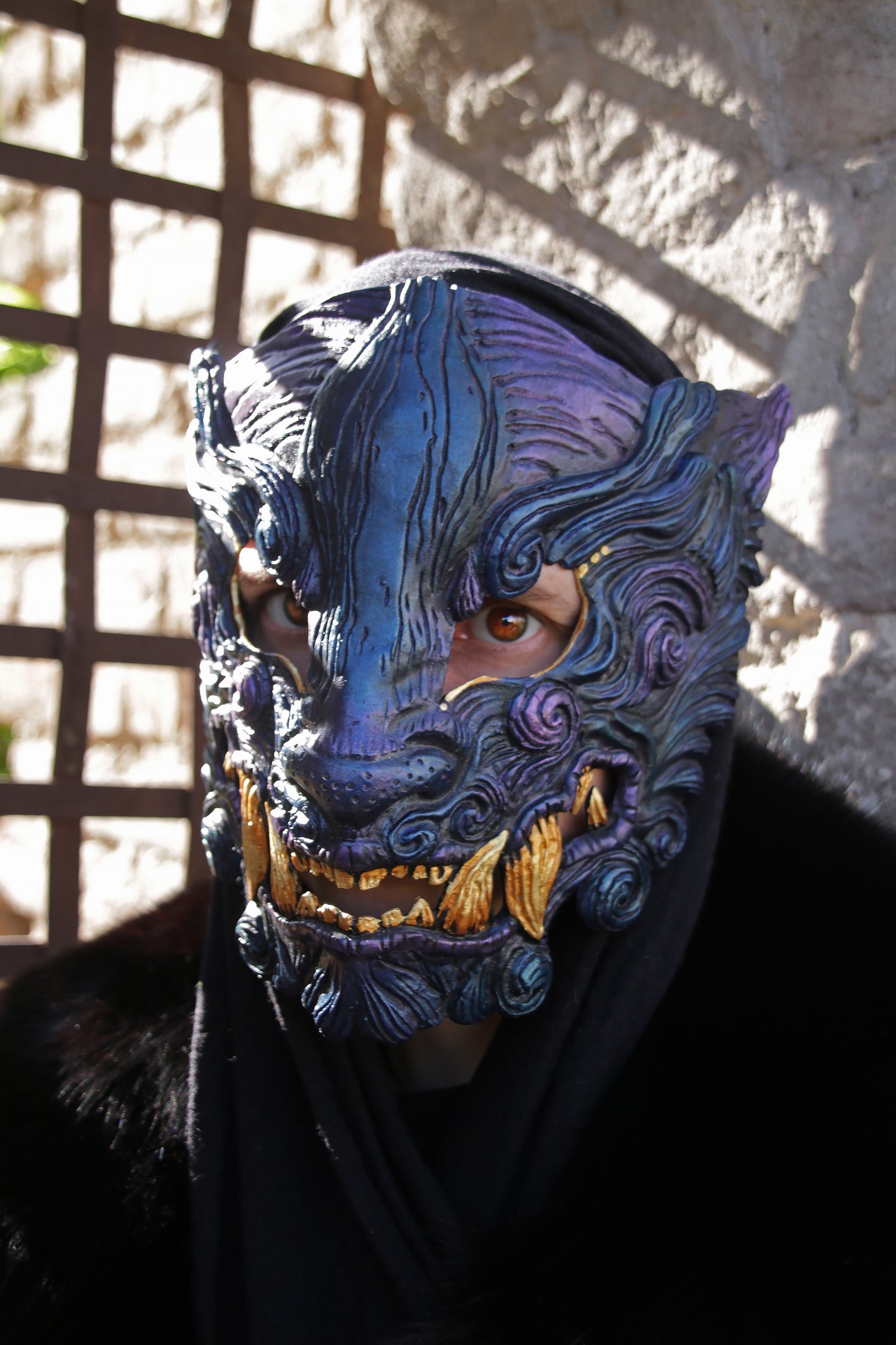Resin Oni mask with gold fangs, handcrafted, intricate finish, water-resistant, inspired by Cyberpunk 2077 Tyger Claws, suitable for cosplay, LARP, and collecting.