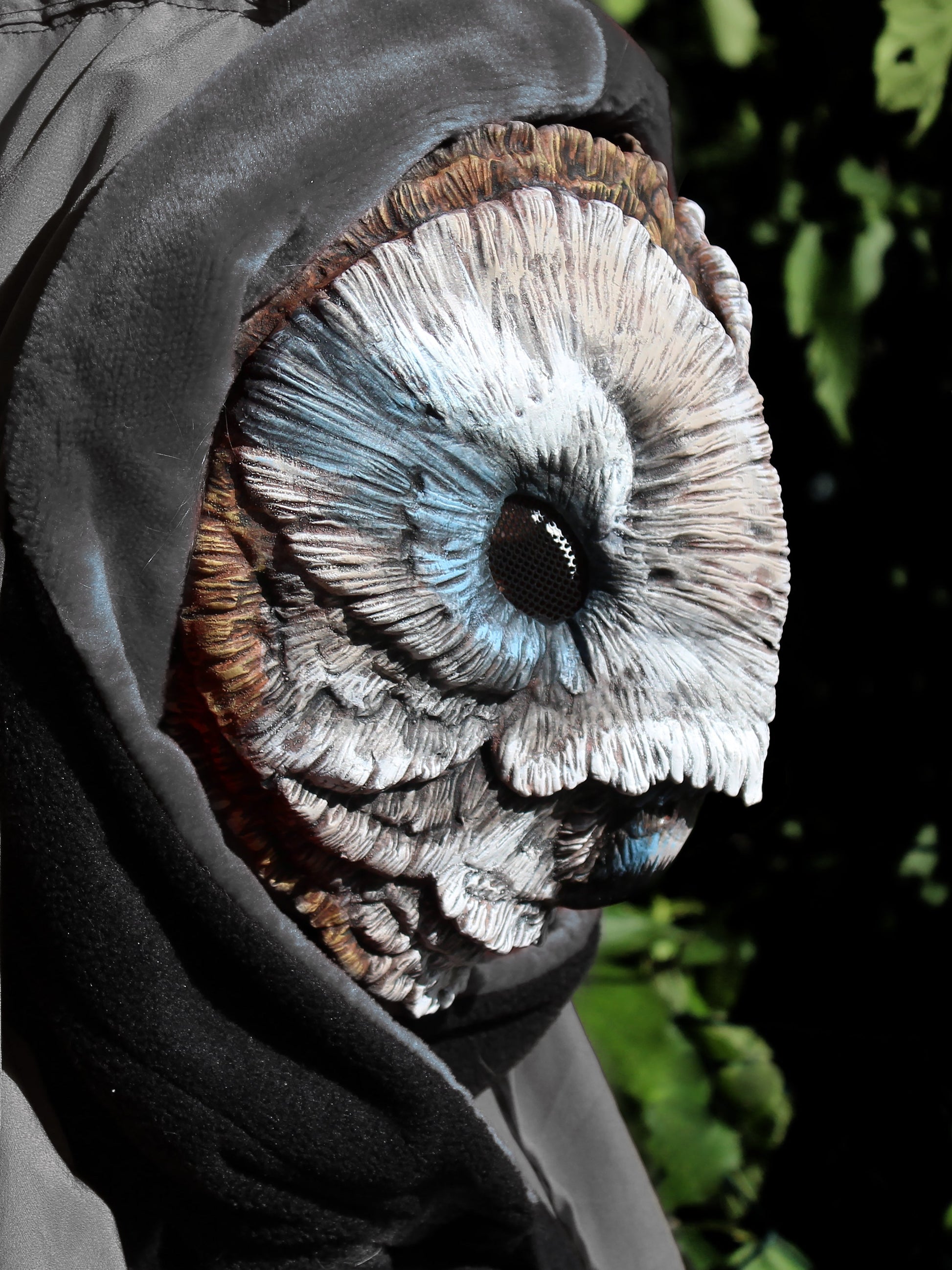 Grey Blue Barn owl mask made in resin perfect for Larp, wiccan and cosplay costumes side view
