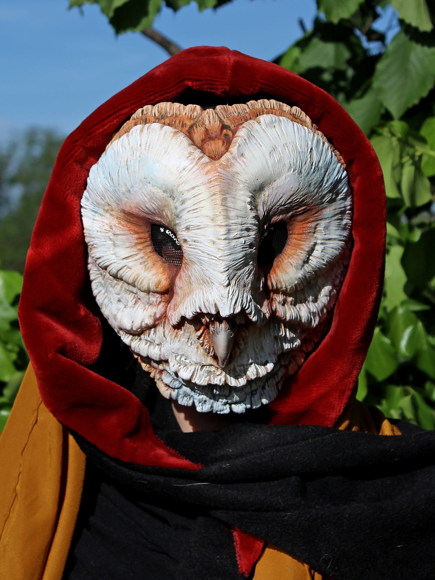 Pink barn owl mask with normal eyes front view perfect for wiccan costumes