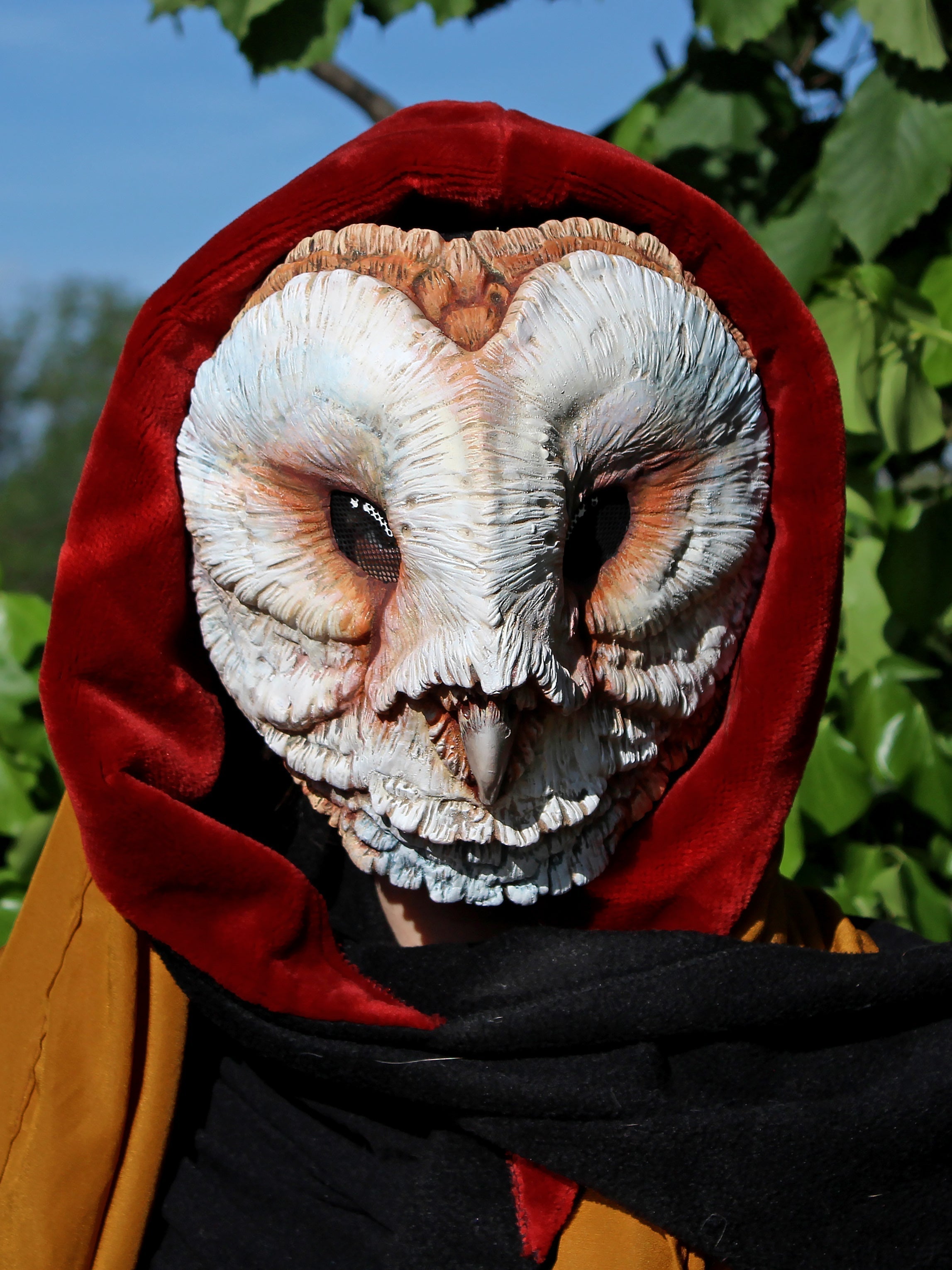 Pink barn owl mask with normal eyes front view perfect for wiccan costumes