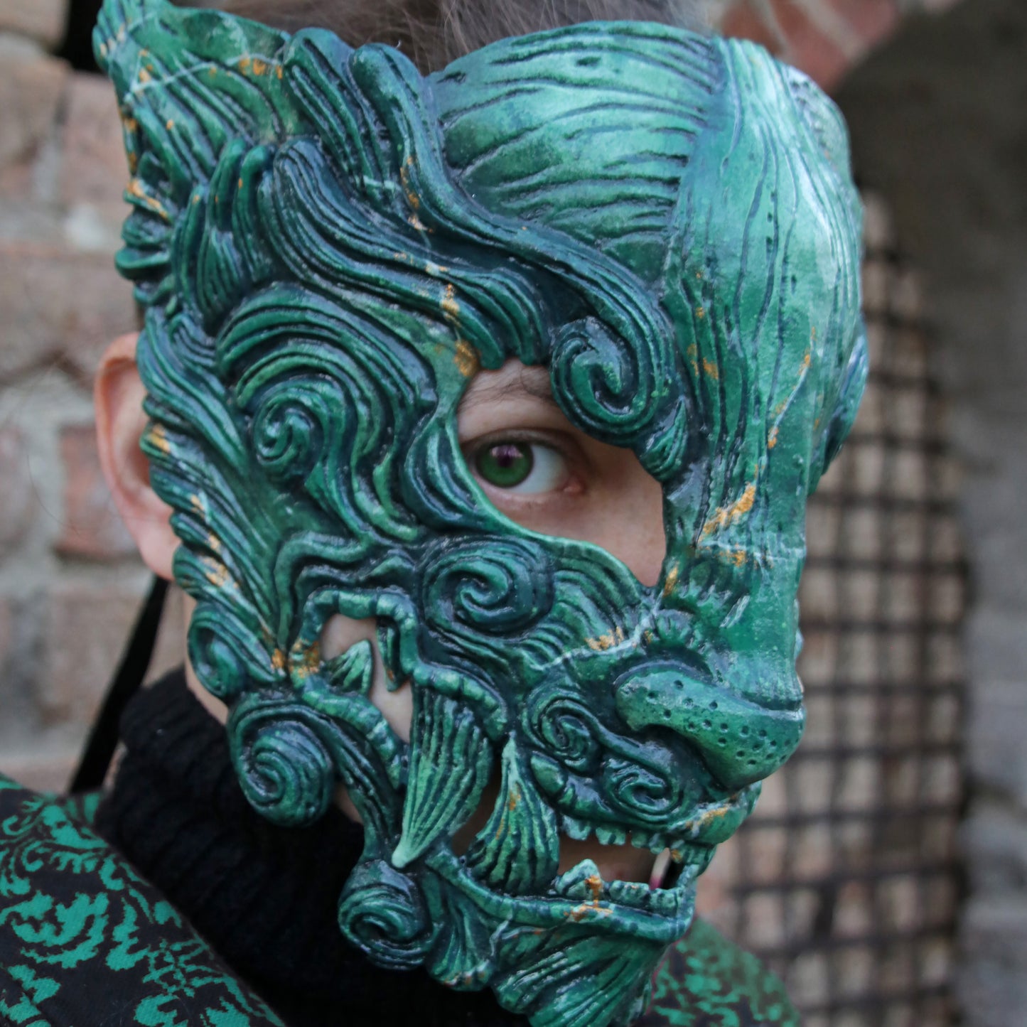 Authentic Oni mask with intricate hand-painted details – perfect for Japanese folklore and cyberpunk themes.