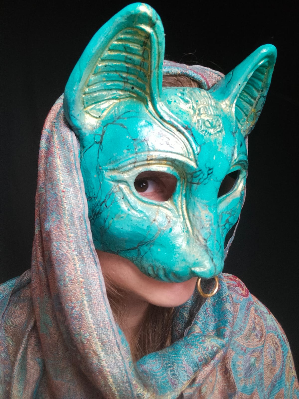 Bastet Mask made in resin painted by hand wit turquoise and gold details for Larp Clothing and Cosplay costumes