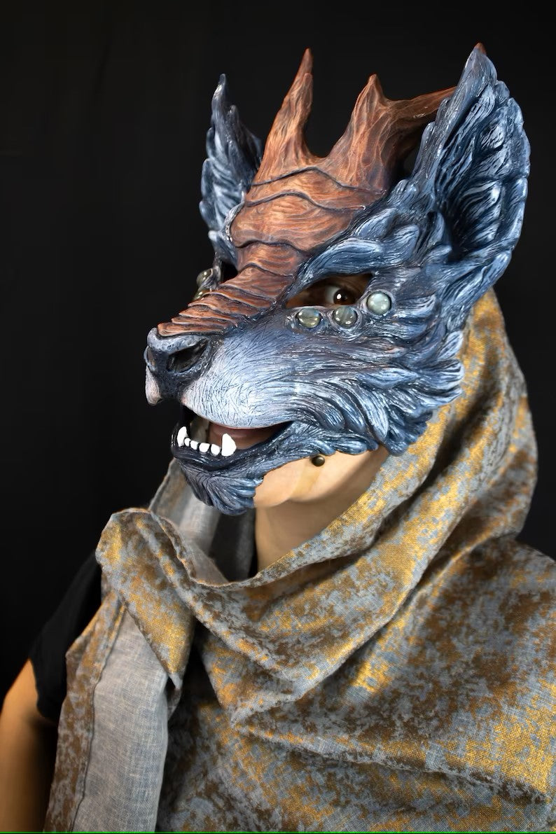 Classic Young Qilin Resin Mask colored with grey and brow colors,side view articulated mask with open mouth perfect for Larp and cosplay