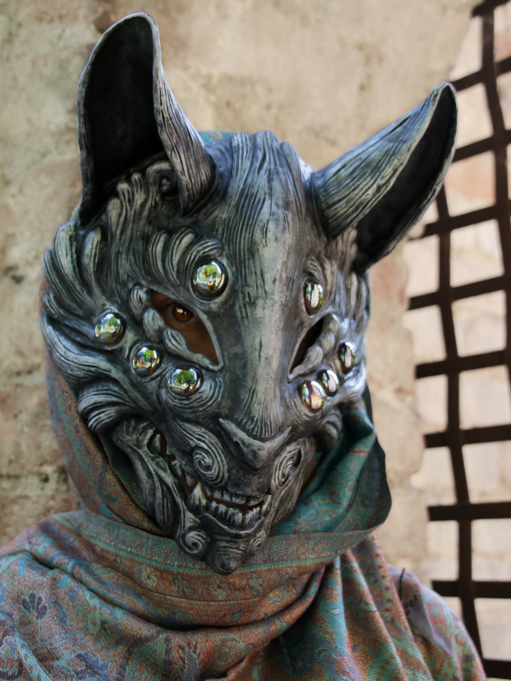Silver Japanese fox spirit mask for LARP, cosplay, and masquerade.